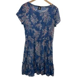 Bobeau Floral print short sleeves Sheer Ruffle hem dress large